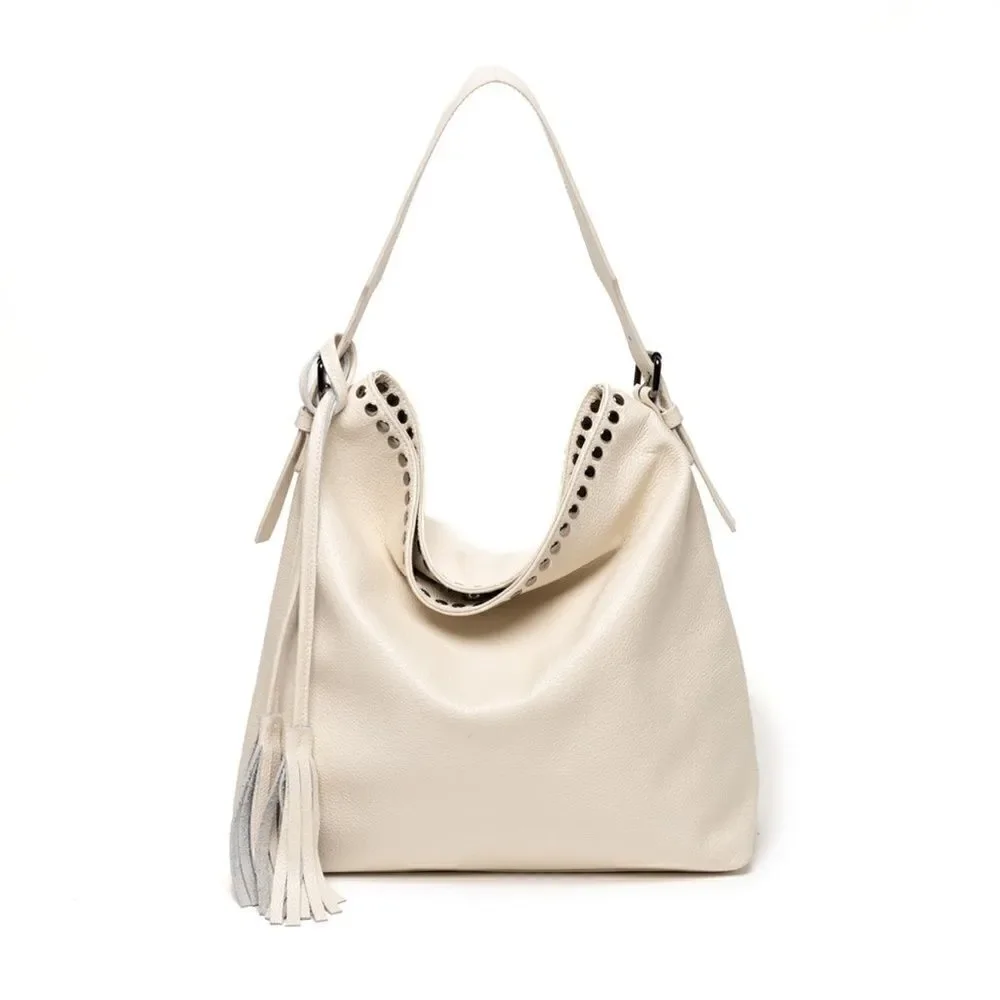 Stunning Laggo “Reed Ivory” Pebbled Leather Studded Hobo Bag